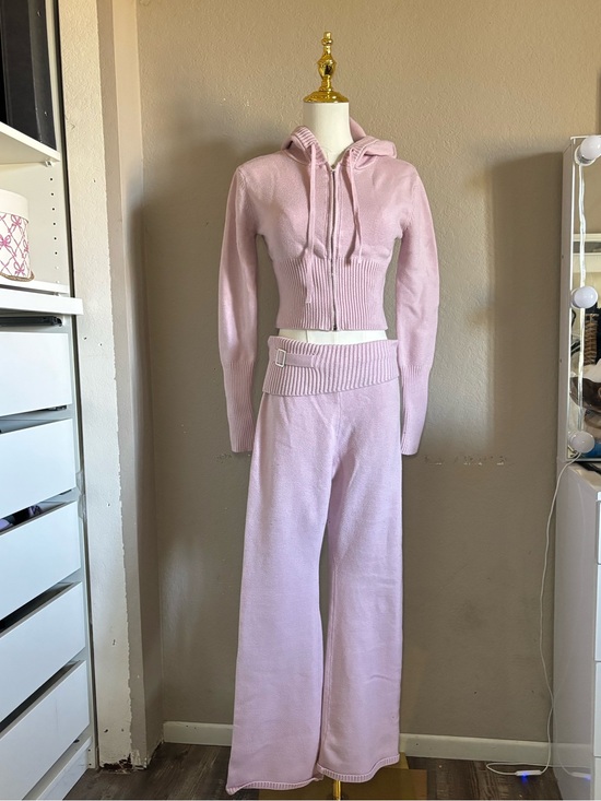 Pants - Women's Cropped Knit Hoodie & Wide-Leg Pants Set - Light Pink
